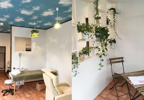 青空をイメージした天井やグリーンが印象的な店内